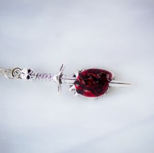 Silver and Red Skull and Heart Sword Pendant Necklace